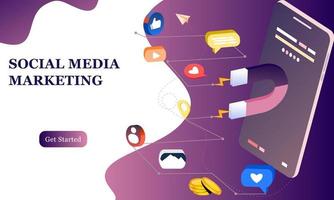 Landing page of social media marketing. Communication in social networks. Image of mobile phone with chat, likes and money. 3d isometric design for infographics, banner, website, promotional materials