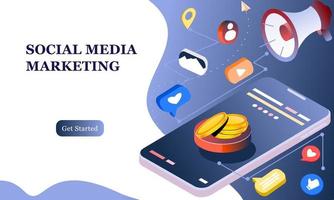 Landing page of social media marketing. Communication in social networks. Image of mobile phone with chat, likes and money. 3d isometric design for infographics, banner, website, promotional materials vector