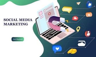 Landing page of social media marketing. Communication in social networks. Image of mobile phone with chat, likes and money. 3d isometric design for infographics, banner, website, promotional materials vector