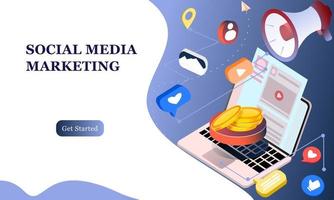 página de inicio de marketing en redes sociales. comunicación en redes sociales. imagen de teléfono móvil con chat, me gusta y dinero. Diseño isométrico 3d para infografías, banners, sitios web, materiales promocionales. vector