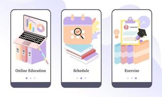 E-learning mobile app onboarding screens. Online Education, Schedule and Exercise. Menu vector banner template for website and UI mobile development. Web site design 3D isometric flat illustration.
