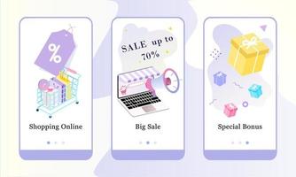 Shopping sale store UI mobile app page onboard screen set. Big ecommerce discount gift, big sale, special bonus concept for website or web page. Modern vector illustrations for user interface.