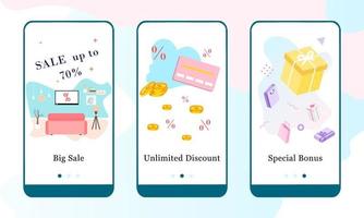 Vector illustration of Big sale, Unlimited Discount and Special Bonus on the onboarding app screens and web concept. Modern interface UX, UI GUI screen template for smart phone or web site banners.