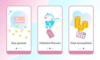 Shopping sale store mobile app page onboard screen set. Application design set for Easy Payment, Unlimited Discount and Point Accumulation. UI on boarding screens mobile template vector illustration.