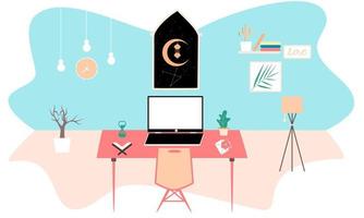 Flat Illustration of modern workplace in room. Creative office workspace. Flat minimalist style. Illustration work from home. Vector illustration of modern working place with computer and interior.