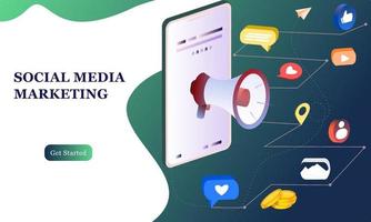 Landing page of social media marketing. Communication in social networks. Image of mobile phone with chat, likes and money. 3d isometric design for infographics, banner, website, promotional materials vector