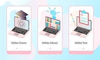 E-learning mobile app onboarding screens. Online Course, Online Library and Online Test. Menu vector banner template for website and mobile development. Web site design 3D isometric flat illustration.