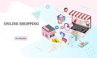 Landing page of 3d isometric online shopping on websites or mobile applications concepts of vector e-commerce and digital marketing. Memphis style illustration for banner online store promotion.