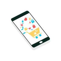 Global data sharing concept vector illustration using mobile smartphone to shopping online social networks. Flat smart phone for marketing concept, digital marketing and shopping campaign on mobile.