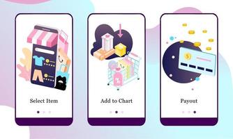Vector illustration of Select Item, Add to Chart and Payout on the onboarding app screens and web concept. Interface Online Shopping UX, UI GUI screen template for smart phone or web site banners.