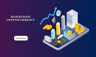 Modern flat design isometric background of blockchain and cryptocurrency for banner and website. Landing page template. Virtual cash transaction, cryptocurrency blockchain concept. Vector illustration