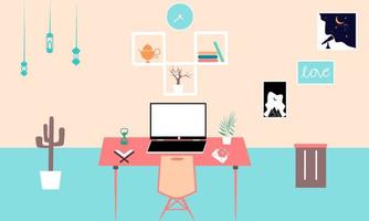 Ilustración plana del lugar de trabajo moderno en la habitación. espacio de trabajo de oficina creativa. estilo minimalista plano. trabajo de ilustración desde casa. Ilustración de vector de lugar de trabajo moderno con computadora e interior.