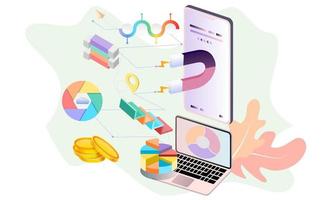 Modern flat design 3d isometric concept of Big Data Analysis for banner and website. Isometric landing page template. Digital information chart and statistic financial budget. Vector illustration.