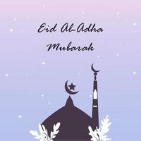 Eid Al Adha Mubarak greeting card vector design. Islamic beautiful background with mosque, star, moon and text Eid Al-Adha Mubarak. Islamic illustration for muslim community sacrifice celebration.