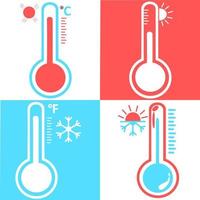 Set of Celsius and fahrenheit meteorology thermometers measuring heat and cold, vector illustration. Thermometer equipment showing hot or cold weather. Set of medicine thermometers in flat style.