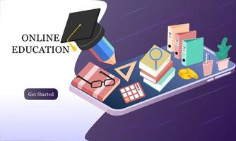Modern flat design isometric concept of Online Education for banner and website. Isometric landing page template. Online training courses, university studies, e-learning research. Vector illustration.