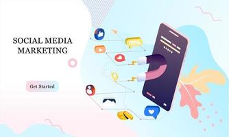 Landing page 3d isometric of social media marketing. Communication in social networks. Image of mobile phone, laptop with chat, likes and money for infographics, banner, website, promotional material. vector