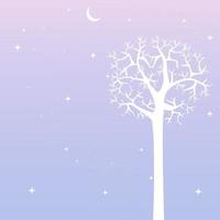 paisaje azul y morado con siluetas de árboles secos, ramas de árboles, luna y estrellas en el cielo. Ilustración de vector de fondo para tarjetas de felicitación, carteles, temas de naturaleza y fondos de pantalla.