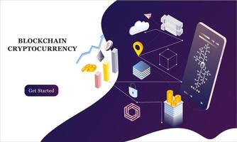 Modern flat design isometric background of blockchain and cryptocurrency for banner and website. Landing page template. Virtual cash transaction, cryptocurrency blockchain concept. Vector illustration