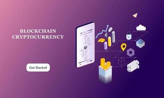 Modern flat design isometric background of blockchain and cryptocurrency for banner and website. Landing page template. Virtual cash transaction, cryptocurrency blockchain concept. Vector illustration