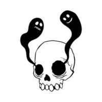 skull drawing with ghost in eyes, hand drawn black and white vector