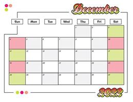 diciembre colorido lindo calendario mensual 2022 imprimible vector