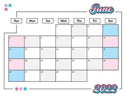 june colorful cute 2022 monthly calendar planner printable vector