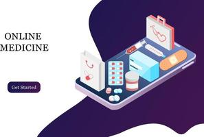 Isometric landing page design template for Online Pharmacy, Online Medicine, Medical Service and Healthcare Insurance. Flat isometric vector illustration for backgrounds, infographics, web banners.