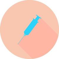 Medical syringe, hypodermic needle, Inject needle concept of vaccination, injection in circle icon with long shadows. Vector illustration. Drug dose concept. Symbol web site design, logo, app, UI.