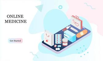 Isometric landing page design template for Online Pharmacy, Online Medicine, Medical Service and Healthcare Insurance. Flat isometric vector illustration for backgrounds, infographics, web banners.