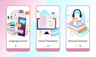 Online education mobile app onboarding screens. Language Courses, Literal Translation, Assistant. Menu vector banner template for website and UI mobile development design isometric flat illustration.