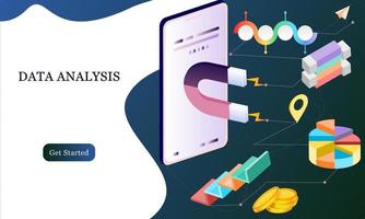 diseño plano moderno concepto isométrico 3d de análisis de big data para banner y sitio web. plantilla de página de destino isométrica. cuadro de información digital y presupuesto financiero estadístico. ilustración vectorial. vector