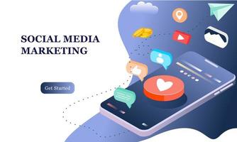 página de inicio de marketing en redes sociales. comunicación en redes sociales. imagen de teléfono móvil con chat, me gusta y dinero. Diseño isométrico 3d para infografías, banners, sitios web, materiales promocionales. vector