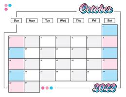 octubre colorido lindo calendario mensual 2022 imprimible vector