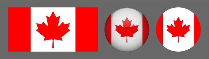 Colección de conjunto de bandera de Canadá, relación de tamaño original, redondeado en 3D y redondeado plano vector