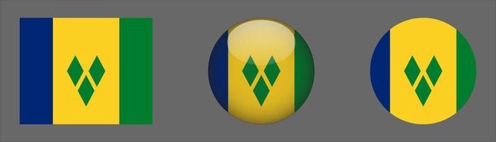 Saint Vincent and The Grenadines Flag Set Collection, Original Size Ratio, 3D Rounded and Flat Rounded. vector