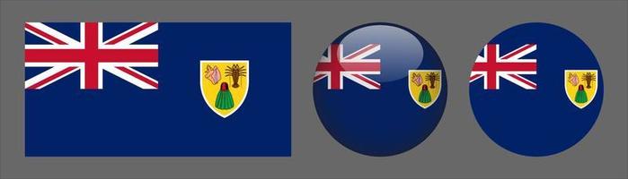 Turks and Caicos Flag Set Collection, Original Size Ratio, 3D Rounded, Flat Rounded. vector