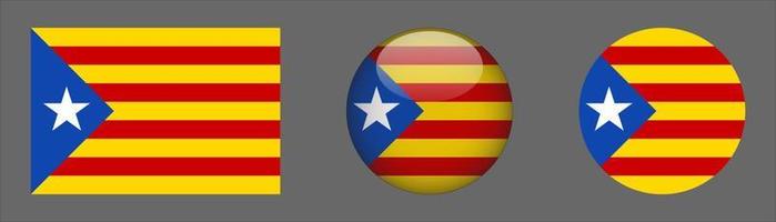 Colección de conjunto de bandera de Cataluña, relación de tamaño original, redondeado 3d y redondeado plano vector