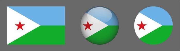 Conjunto de banderas de Djibouti, relación de tamaño original, redondeado en 3D y redondeado plano vector