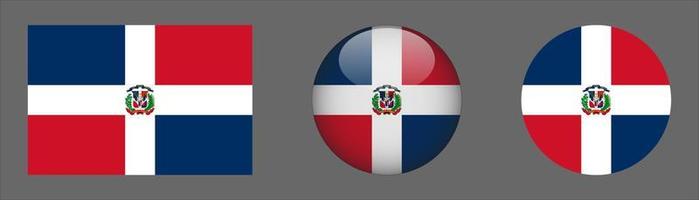 Colección de conjunto de bandera de República Dominicana, relación de tamaño original, redondeado en 3D y redondeado plano vector