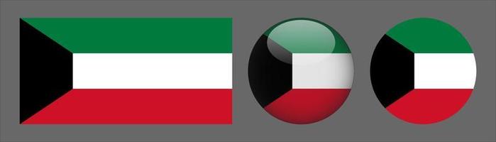 Colección de conjunto de bandera de Kuwait, relación de tamaño original, redondeado en 3D y redondeado plano vector