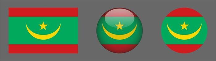 Colección de conjunto de bandera de mauritania, relación de tamaño original, redondeado 3d y redondeado plano. vector
