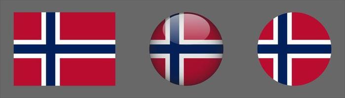 colección de conjunto de bandera de noruega, relación de tamaño original, redondeado 3d y redondeado plano. vector