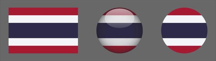 Colección de conjunto de bandera de Tailandia, relación de tamaño original, redondeado 3d y redondeado plano. vector