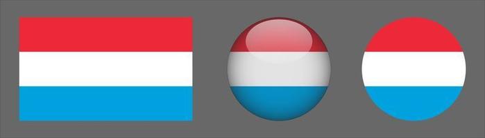 Colección de conjunto de bandera de Luxemburgo, relación de tamaño original, redondeado en 3D y redondeado plano vector