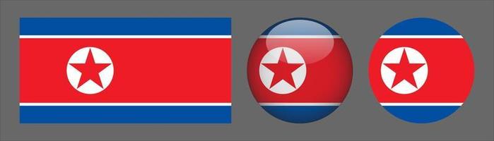 North Korea Flag Set Collection, Original Size Ratio, 3D Rounded and Flat Rounded. vector