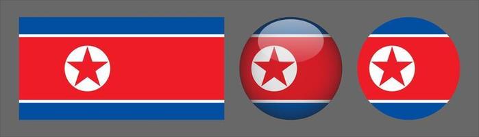 colección de conjuntos de banderas de corea del norte, relación de tamaño original, redondeado 3d y redondeado plano. vector