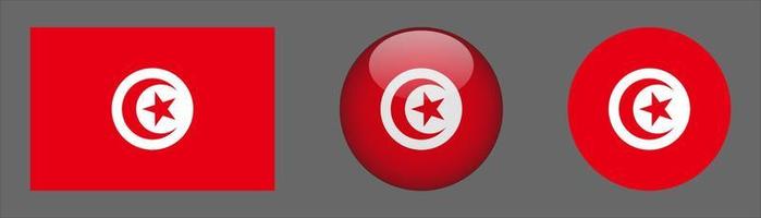 Tunisia Flag Set Collection, Original Size Ratio, 3D Rounded, Flat Rounded. vector