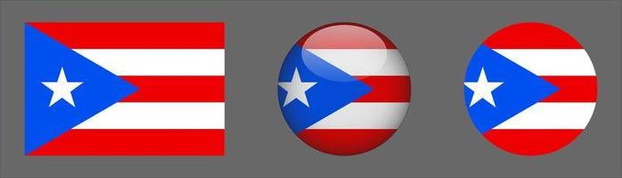 Puerto Rico Flag Set Collection, Original Size Ratio, 3D Rounded and Flat Rounded. vector