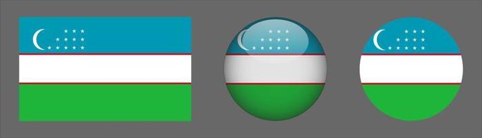 Uzbekistan Flag Set Collection, Original Size Ratio, 3D Rounded, Flat Rounded. vector
